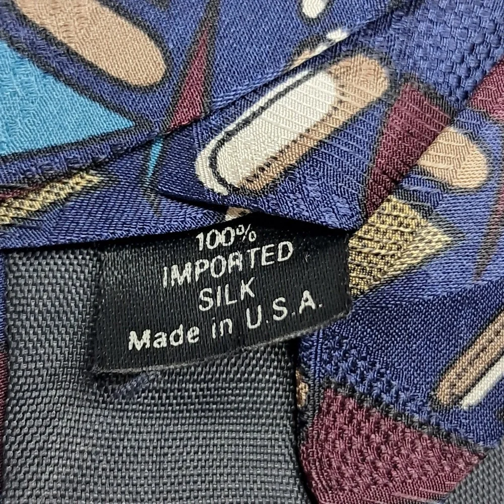Martin Wong Napa Silk Tie Navy Blue Burgundy Geometric‎ Abstract Made in USA